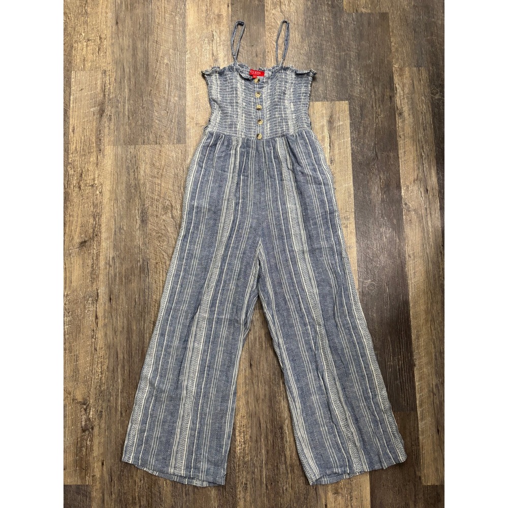 GUESS Los Angeles‎ Blue White Striped Smocked Wide Leg Jumpsuit Womens Medium